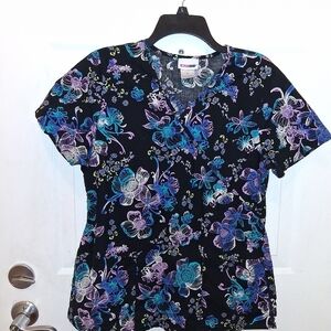 Scrubstar Black Top with Vibrant Floral Pattern